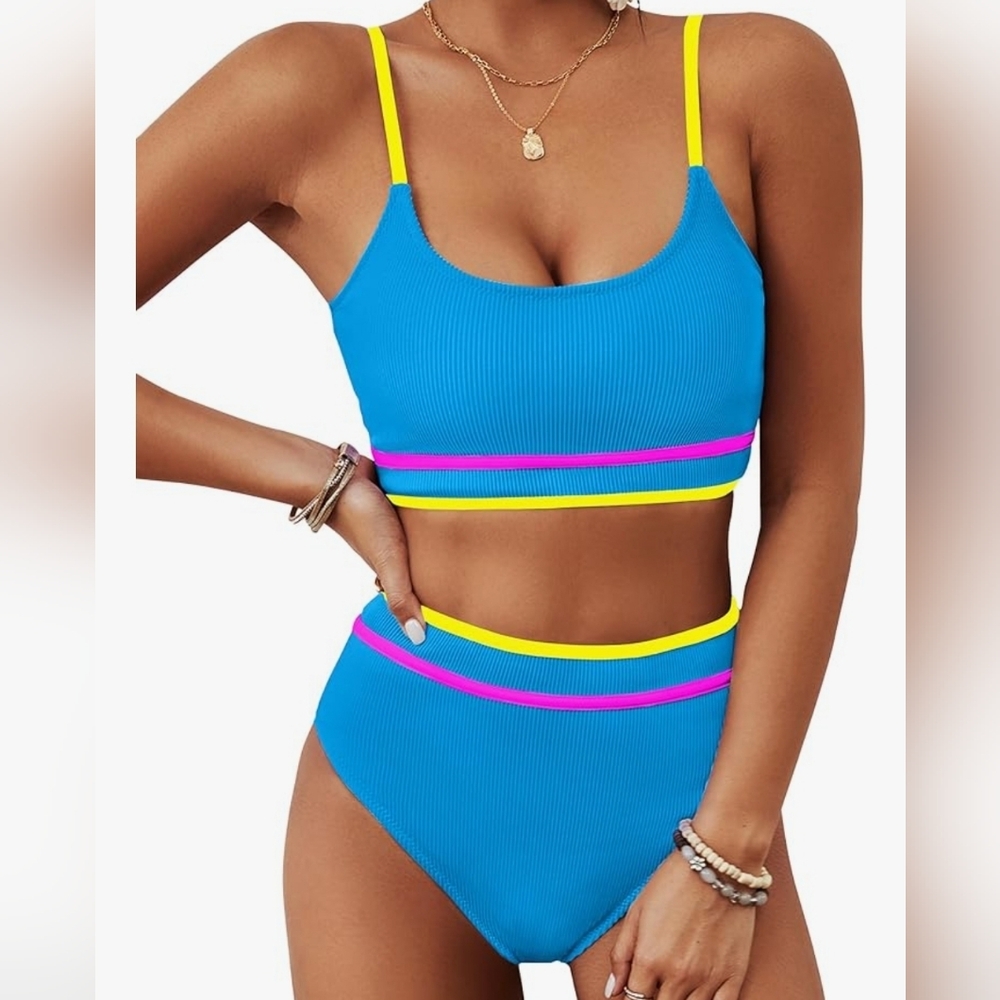 BMJL Women's High Waisted Ribbed Two Piece Swimsuit High Cut Color Block. NWT.